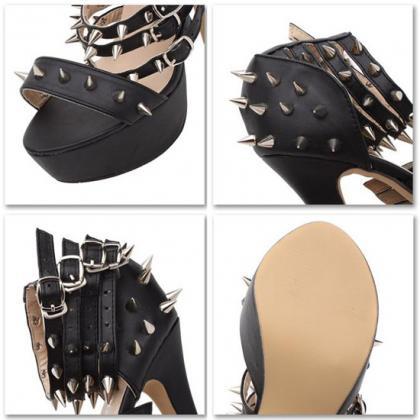 Black Spike Studded Leather Stiletto Open Toe High..