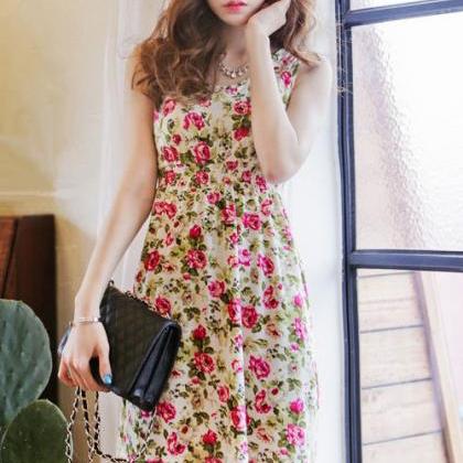 Cute High Waist Sleeveless Floral Dress