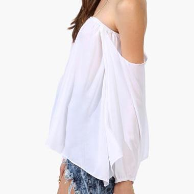 White Elasticised Off-the-shoulder Long Cuffed..