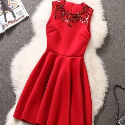 Fabulous Sequined Neckline Pleated Dress In Red..