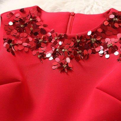 Fabulous Sequined Neckline Pleated Dress In Red..