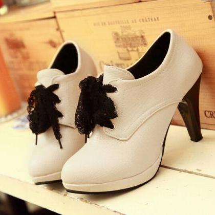 Lace Bowknot Round Head Contracted High Heels