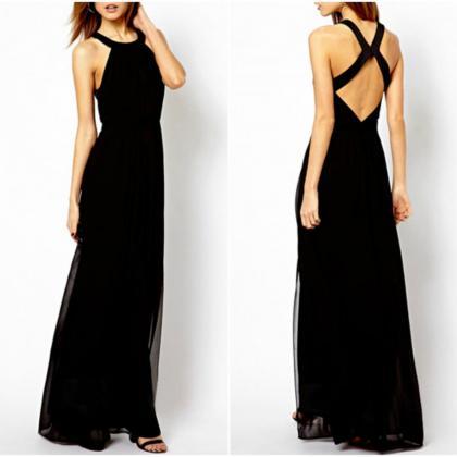 Elegant Cross Back Black Sleeveless Dress