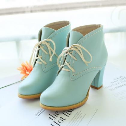 Adorable Pastel Lace Up Chunky Heel Boots