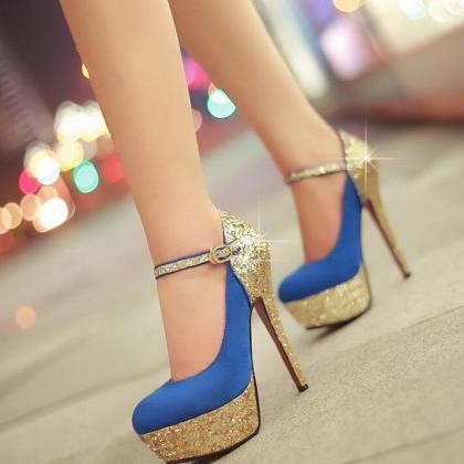 Sexy Gold Sequins High Heels-blue