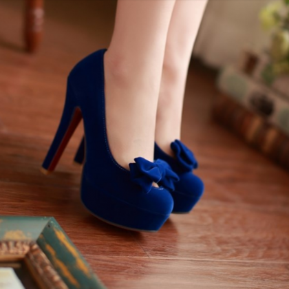 Cute Blue Bow Knot Design High Heel Fashion Shoes