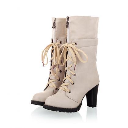 Classy Lace Up Front Zip Chunky Heel Fashion Boots