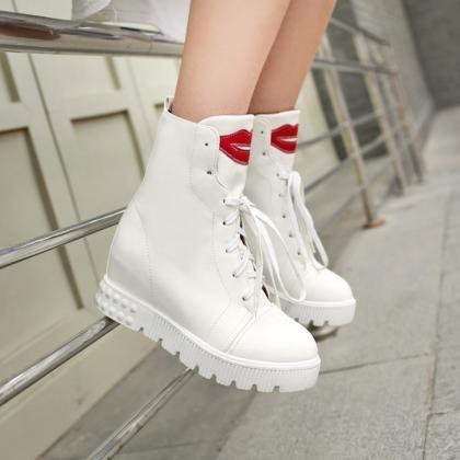 Cute Red Lip Low Heel Boots