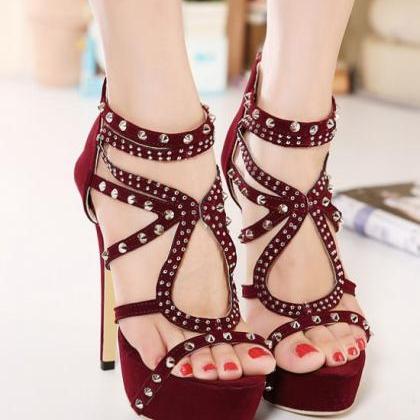 Wine Red Rivets High Heels Fashion Shoes