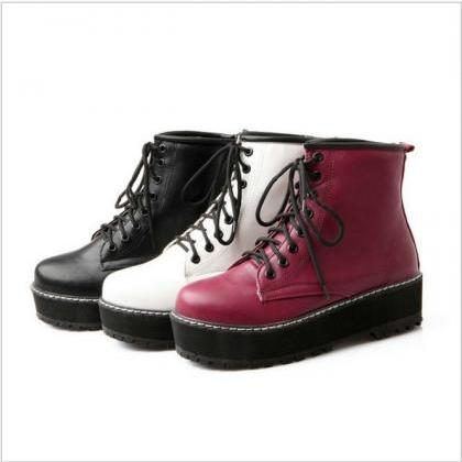 Lace Up Ankle Boots In White, Black And Red