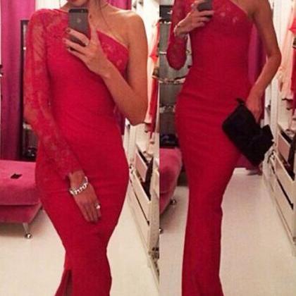 Gorgeous Red One Shoulder Long Dress With Lace..