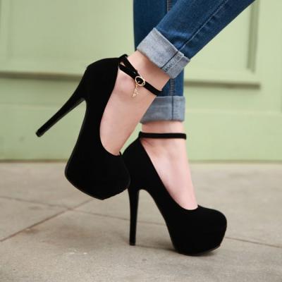 Fashion Round Toe Stiletto Heels Ankle Strap Black Pumps