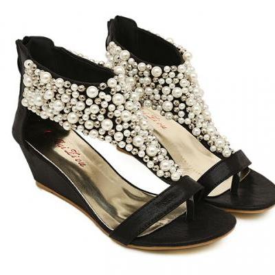 Black Pearl Beaded Wedge T-Strap Sandals with Back Zipper