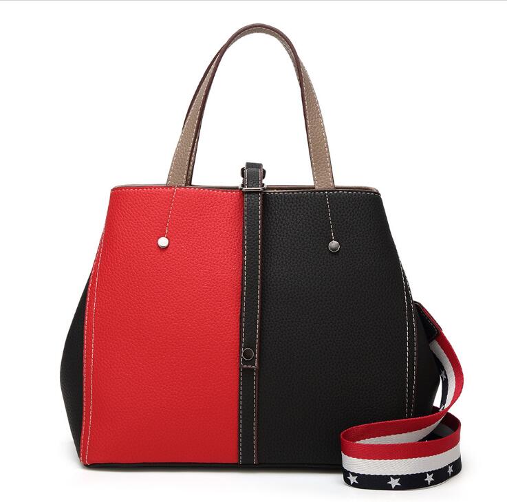 Pu Leather Two-tone Tote Bag Handbag With Shoulder Strap