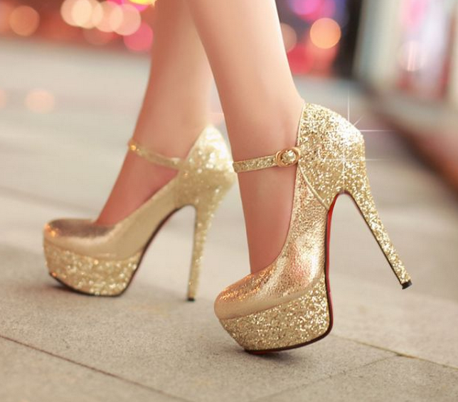 Sparkly Gold Ankle Strap Stiletto High Heels Party Shoes