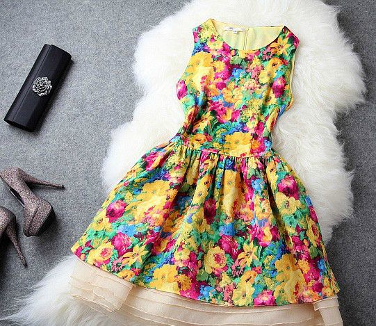 Fancy Chiffon Sleeveless Floral Dress In 3 Colors