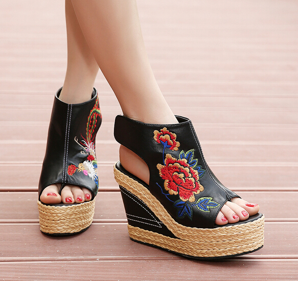 Floral Embroidered Peep-toe Braided Platform Wedge Heels