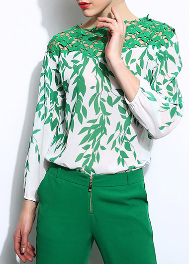 Chic Green Lace Patch Work Design Chiffon Top