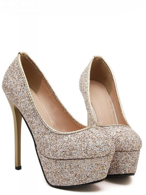 Gold Glitter Rounded-toe Platform High Heel Stilettos