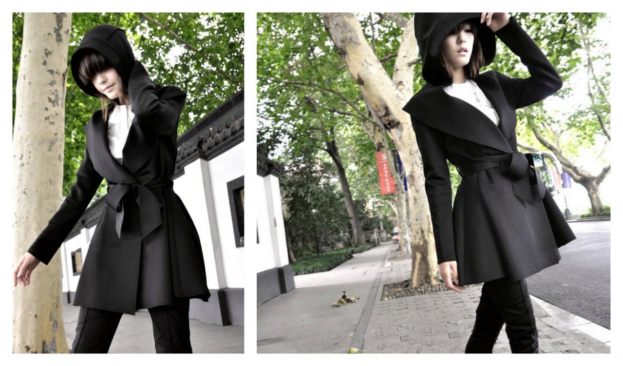 Black Hooded Trench Coat With Belt
