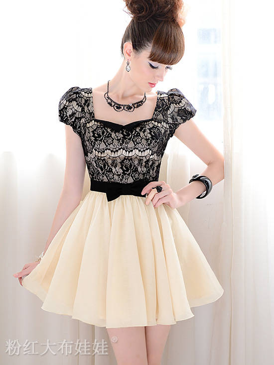 Lace And Bow Knot Design Puff Sleeve Dress