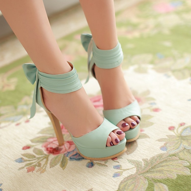 Stylish High Heel Ankle Strap Blue Bow Design Sandals