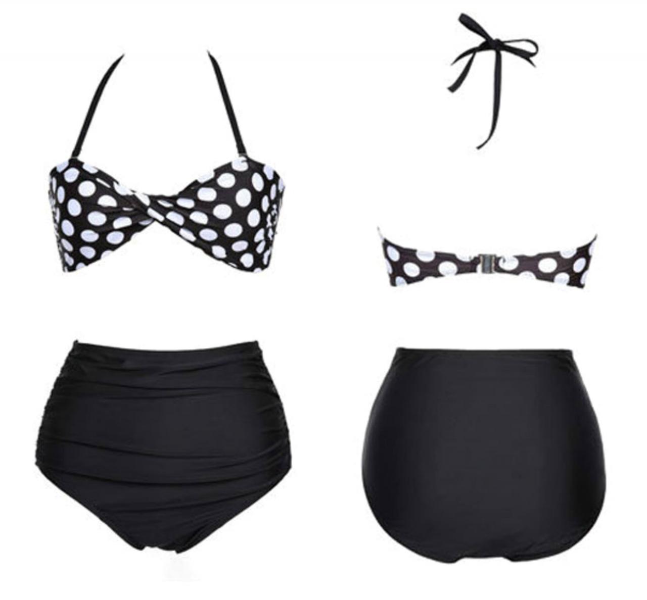 Twisted Bow Black Polka Dots Design Two Pieces Bikini Set