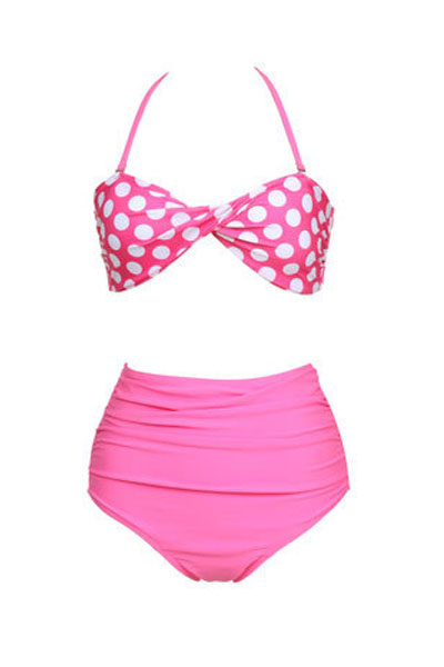 Pink Twisted Bow Design Polka Dots Two Pieces Bikini Set