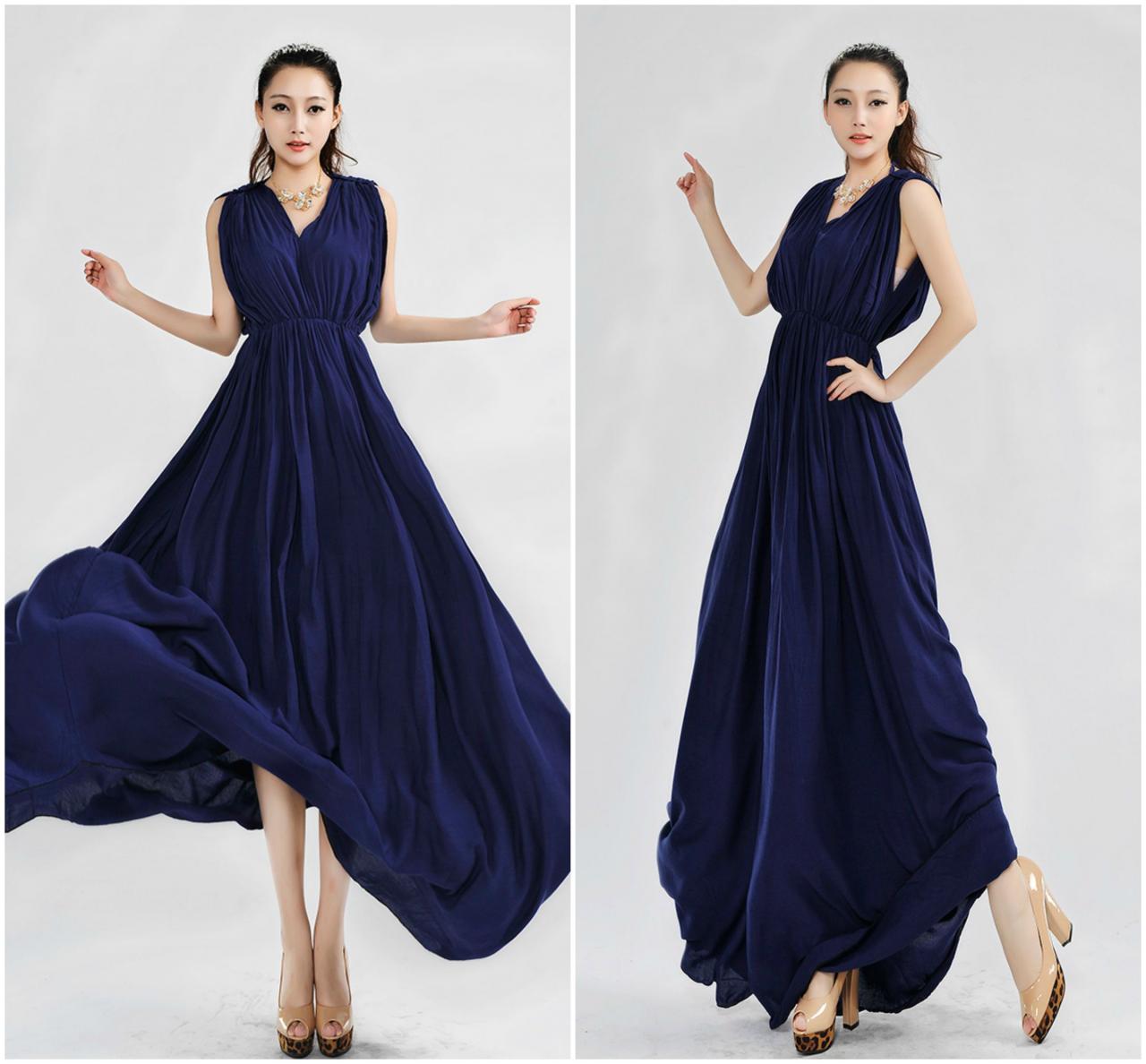Deep Blue V Neck A Line Sleeveless Cotton Ankle Length Dress