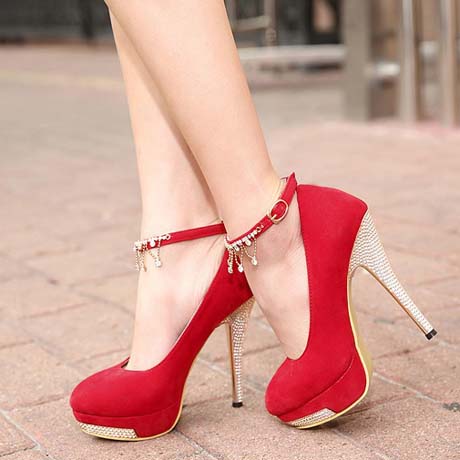 Rhinestone Design Red Ankle Strap Suede Pumps on Luulla