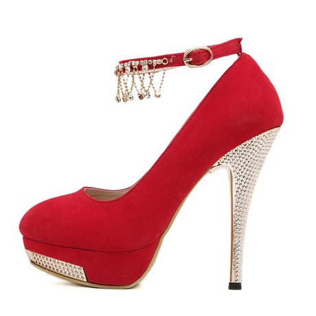 Rhinestone Design Red Ankle Strap Suede Pumps on Luulla
