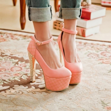 Fashion Round Toe Closed Chunky Ankle Strap Pink Pu Pumps