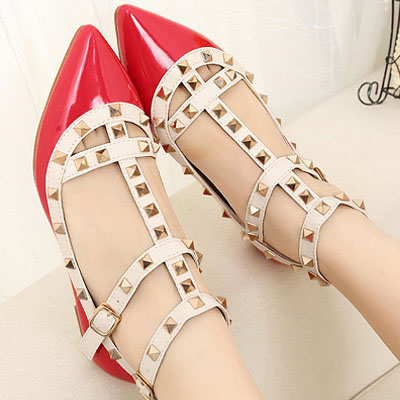 Gorgeous Pointed Toe Rivet Embellished Red Mary Jane Flats