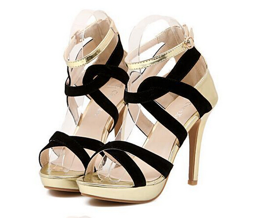 Elegant Black And Gold Peep Toe Fashion High Heel Sandals
