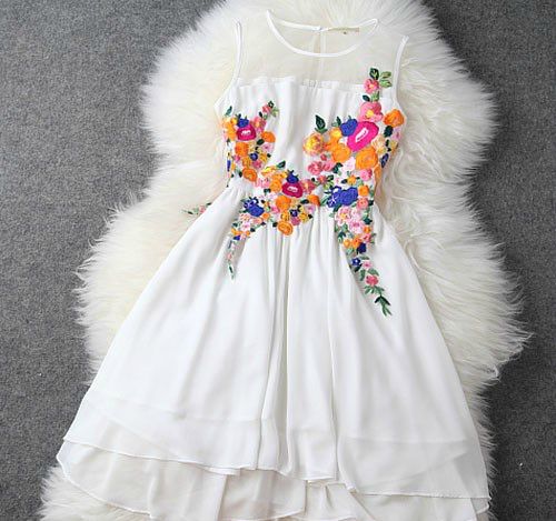 Beautiful Floral Embroidered Sleeveless Chiffon Dress In White And Black