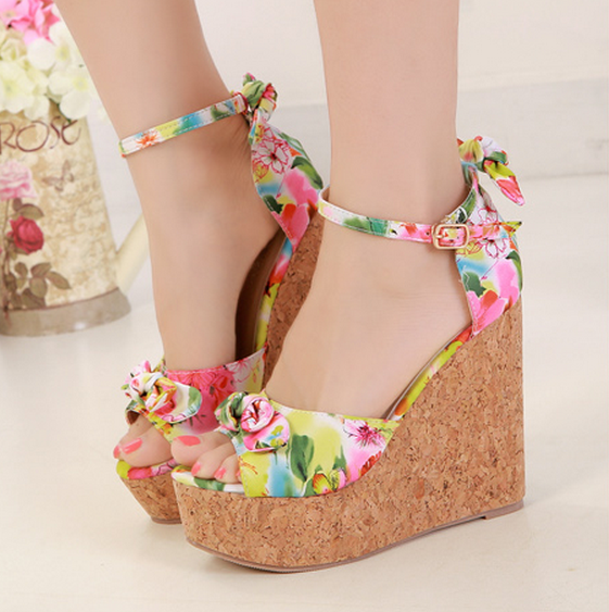 Women Colourful Floral Wedge Sandals With Ankle Straps Adorned With Bowknot
