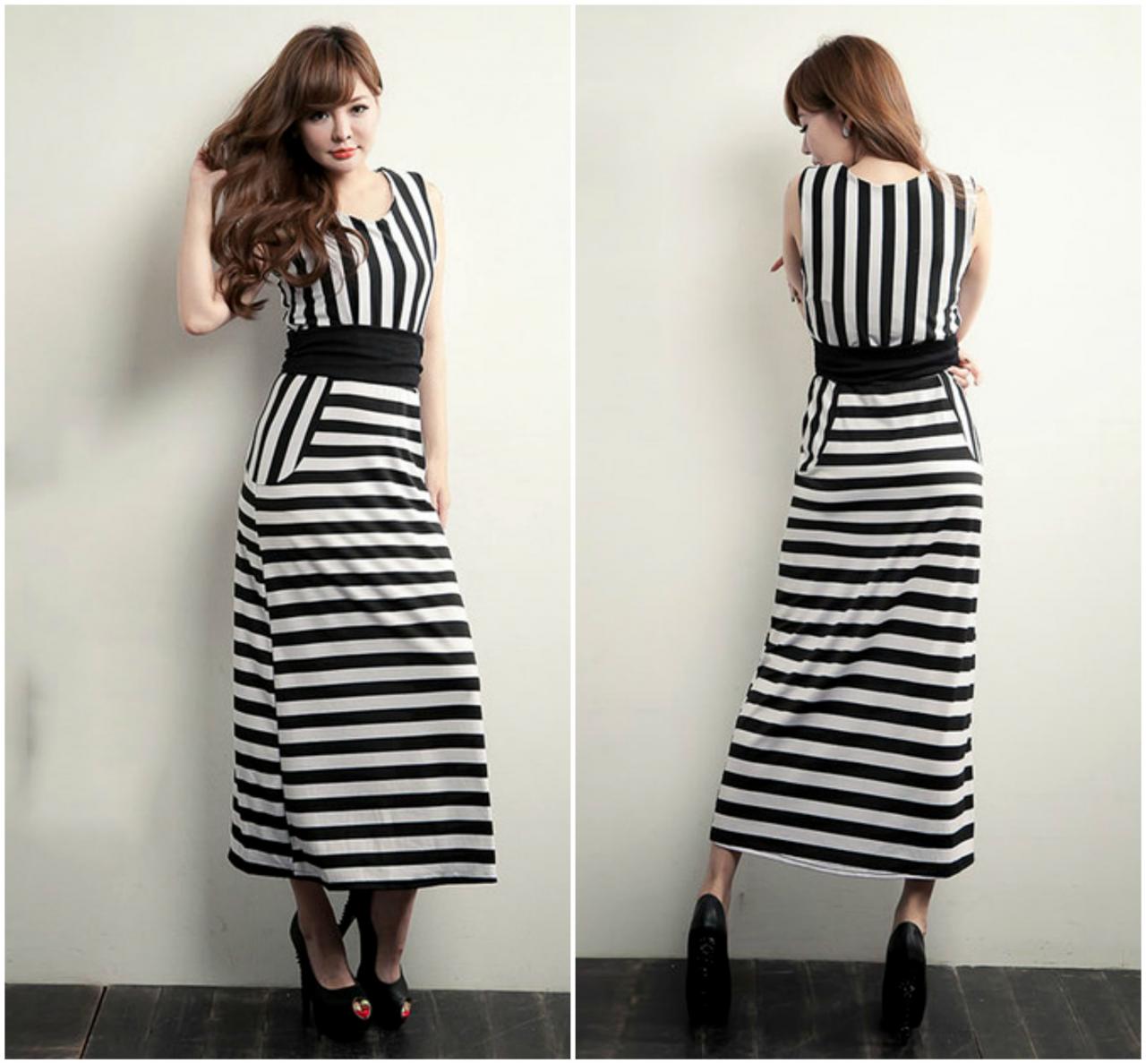 Stretchable Waist Black And White Stripes Maxi Dress