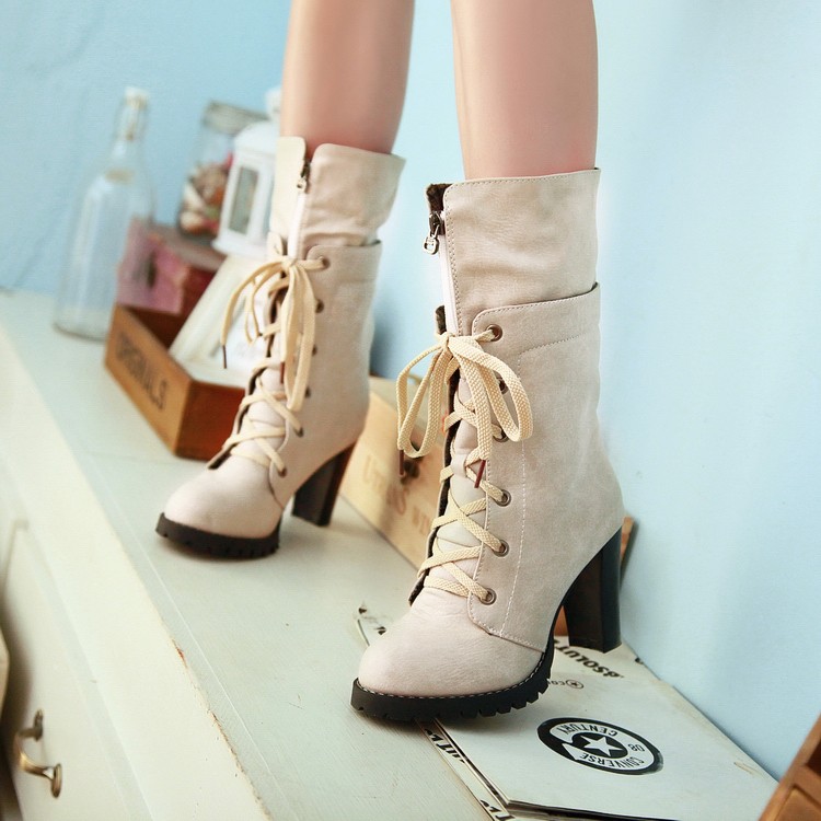 Classy Lace Up Front Zip Chunky Heel Fashion Boots