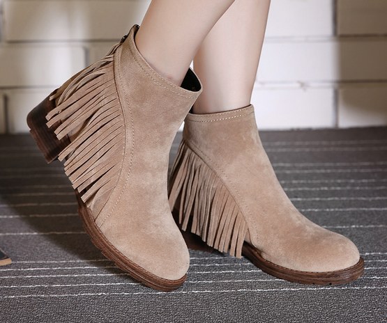 Women's Suede Ankle Boot Flats With Side Fringe