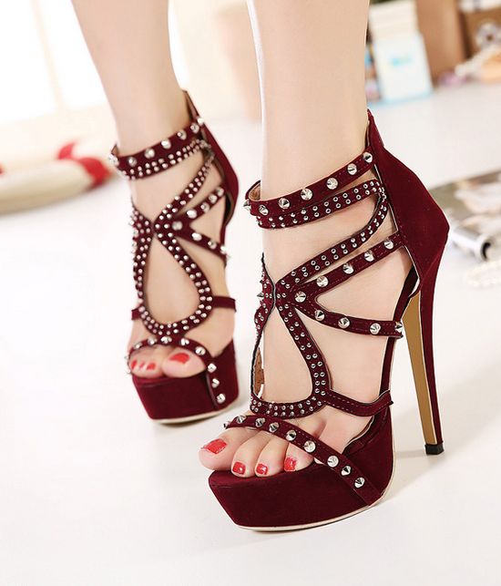 Wine Red Rivets High Heels Fashion Shoes