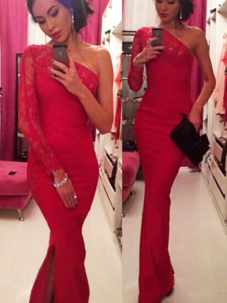 Gorgeous Red One Shoulder Long Dress With Lace Detail