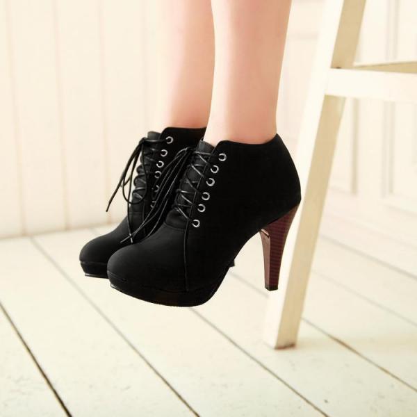 Round Toe Stiletto High Heel Lace Up Ankle Black Boots on Luulla