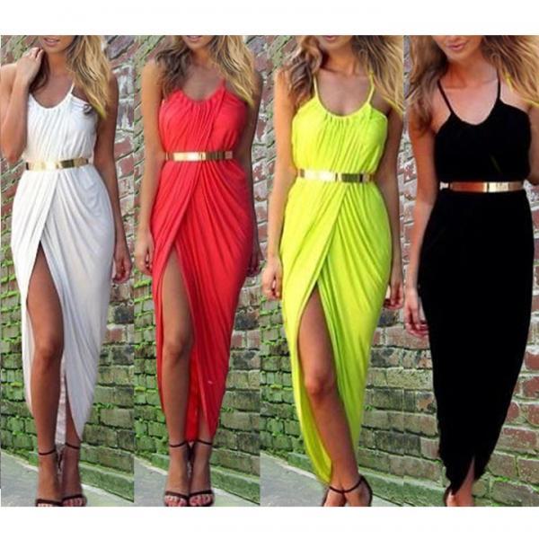 2014 Sexy Look Women Ladies Ruched Front Split Slit Maxi Party Dress ...