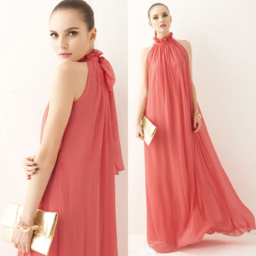 Pleated Sleeveless Chiffon Maxi Dress In Water Melon Red on Luulla