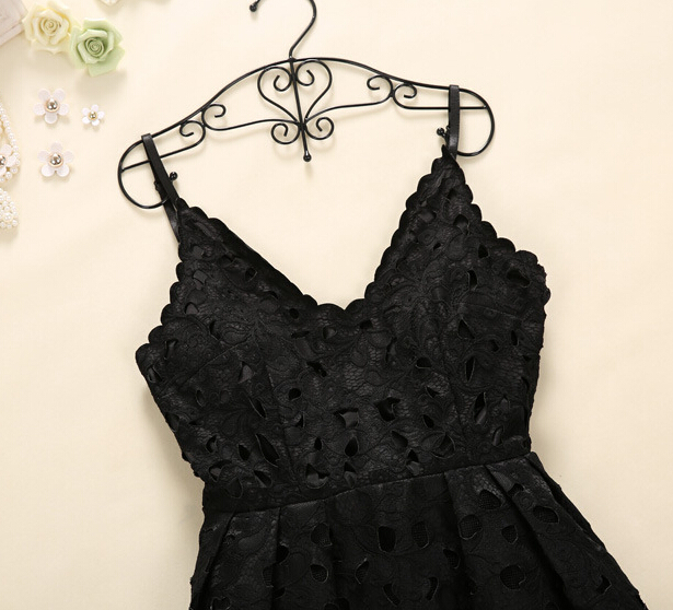 Hollow Out Vest Harness Render Lace Dress--Black on Luulla